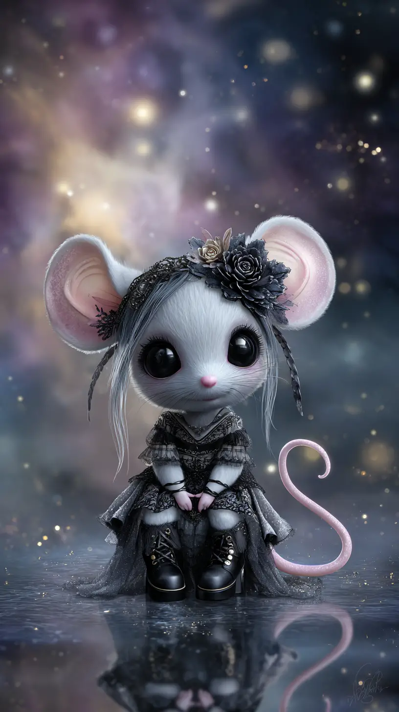 Cute gothic fantasy mouse on a celestial night surface