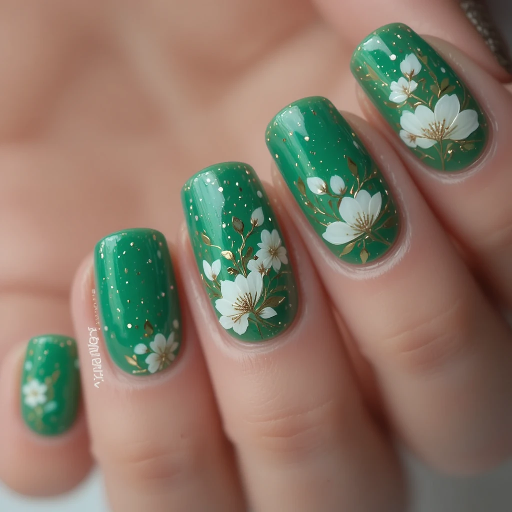 Nail art floreale verde smeraldo su mano con manicure
