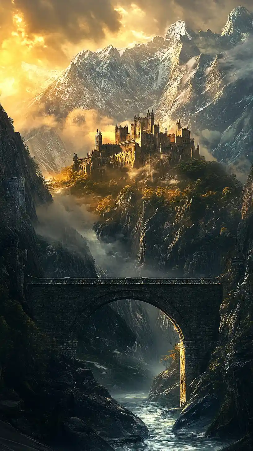Antiguo puente de piedra que conduce a un castillo montañoso entre la niebla