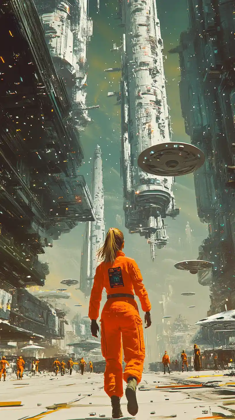 Confident space explorer walking through an alien cityscape