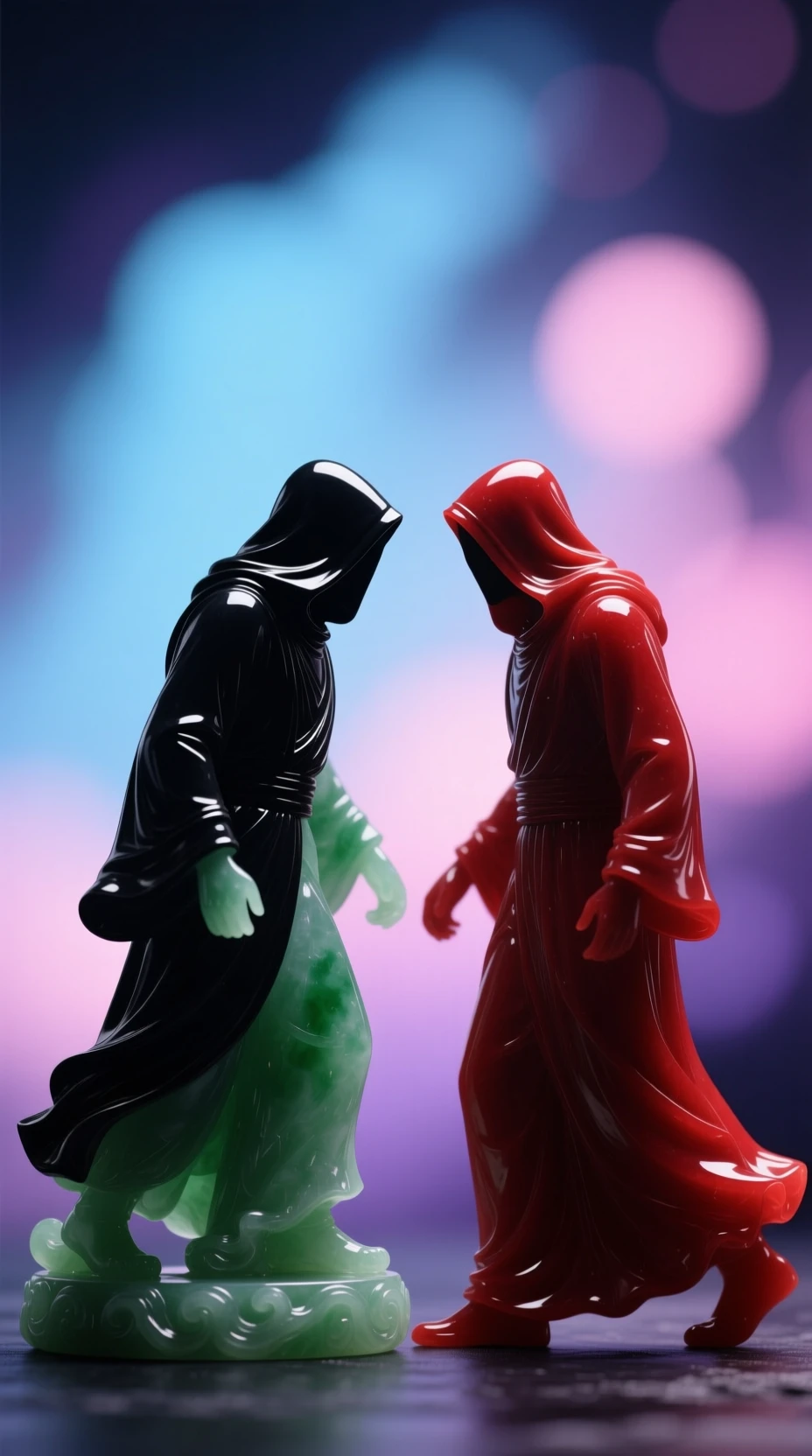 Dos figuras encapuchadas enfrentadas como siluetas oscuras entrelazadas