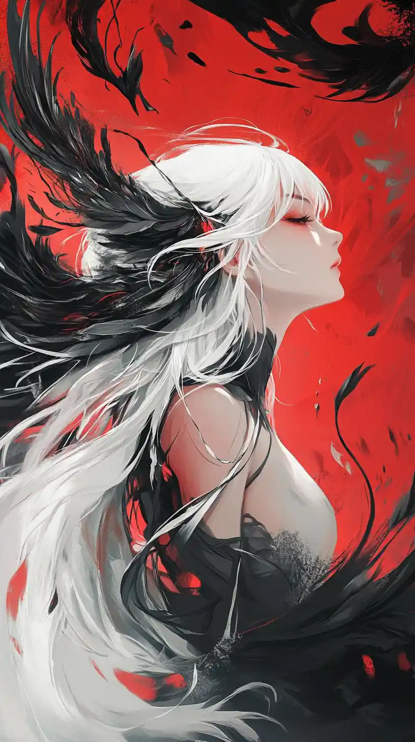 Melancholic anime woman in profile with white hair and smoke