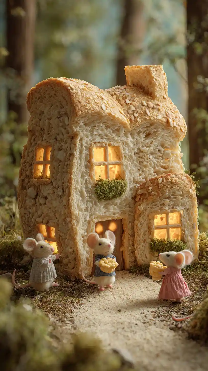 Whimsical Bread House In A Forest With Tiny Mice