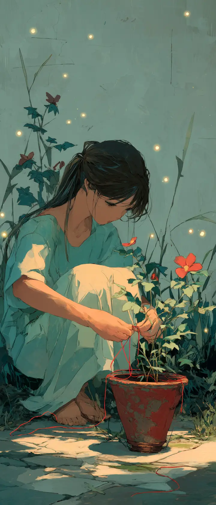 Girl tying red thread to a cracked flowerpot at dusk