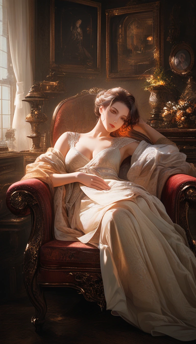 Reclining muse on velvet chaise in baroque interior