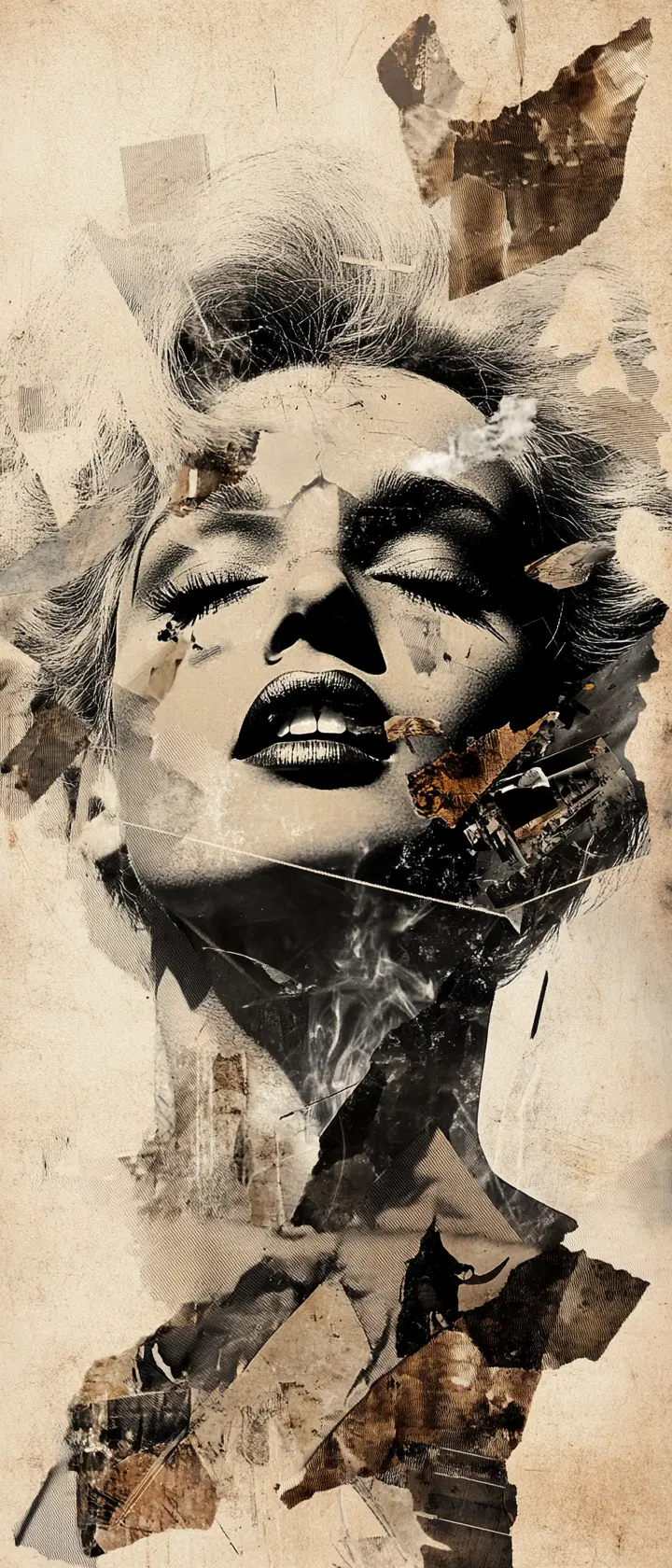 Ritratto monocromatico frammentato di una donna in forma di collage