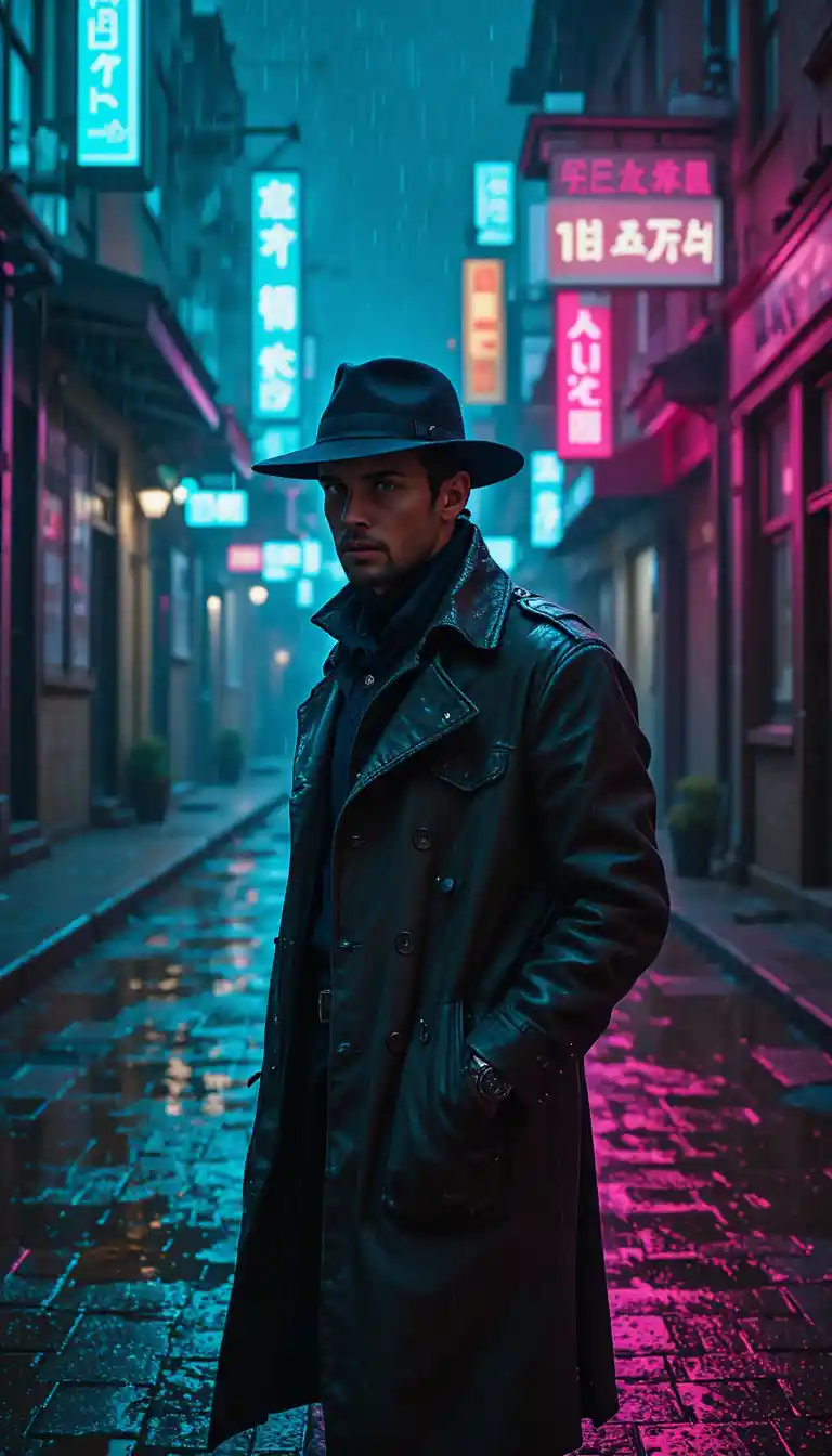Lone detective in neon soaked cyberpunk alley at night