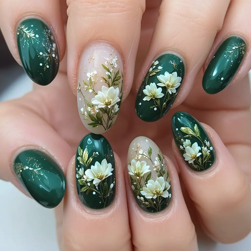 Close up hand with green floral embossed nail art design