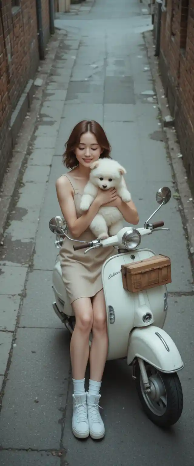 Jeune femme en scooter câlinant son chien dans une ruelle de la ville