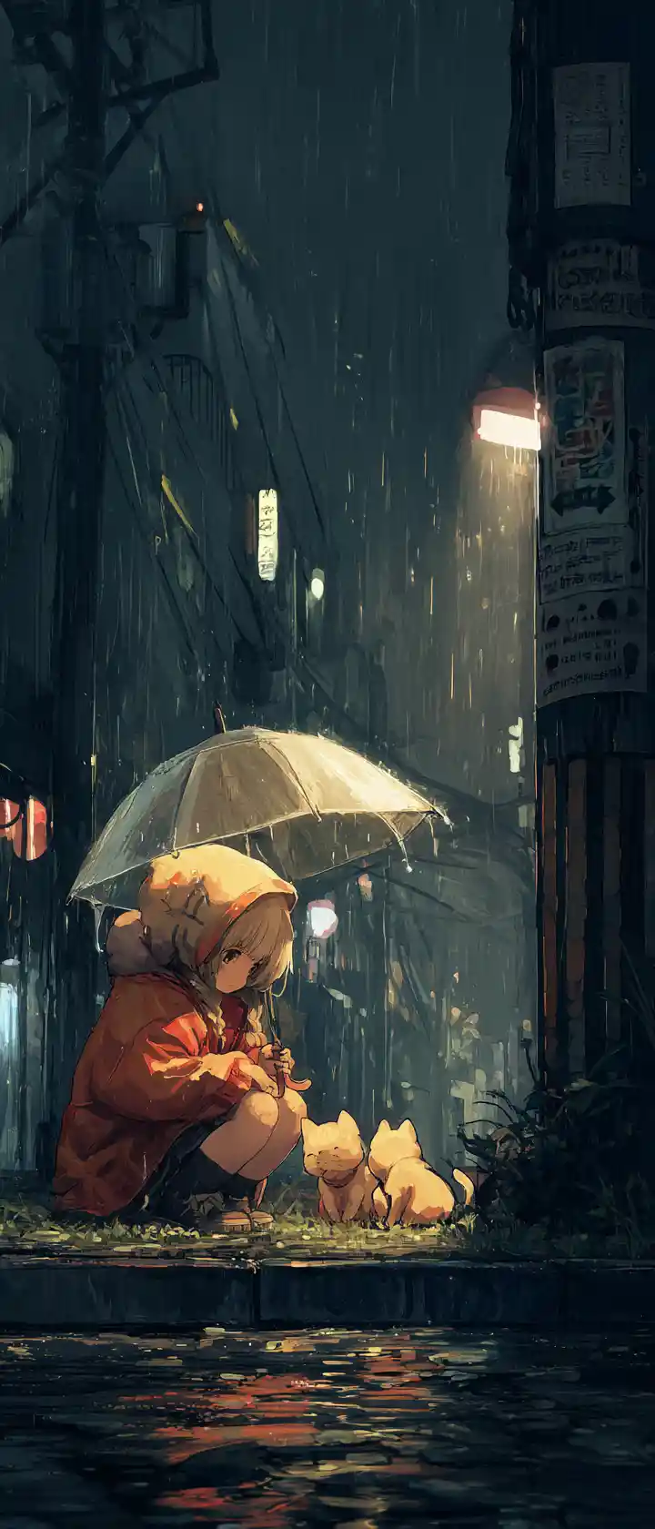 Girl sharing her umbrella with kittens in the rain