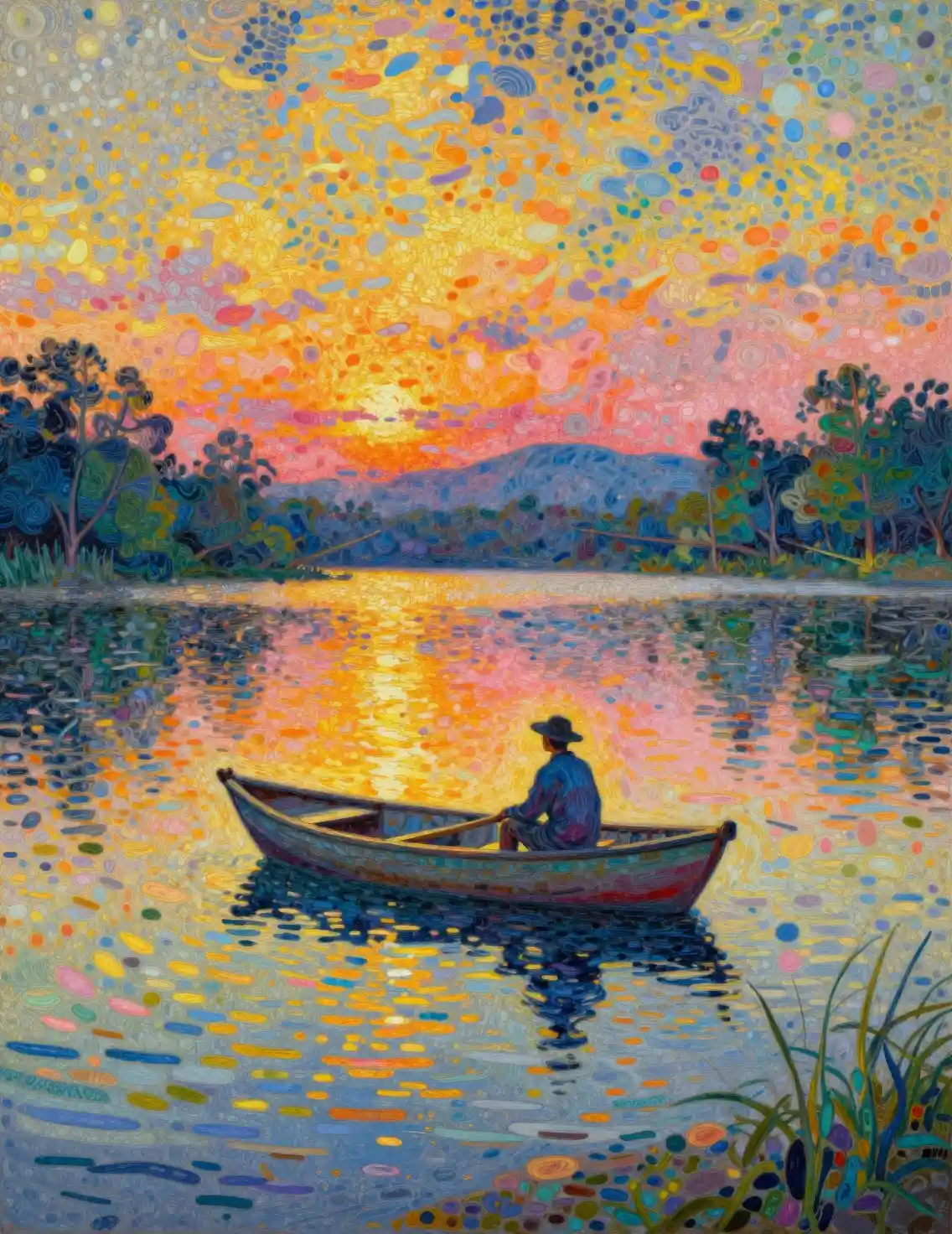 Lone fisherman on a colorful pointillist lake at dusk