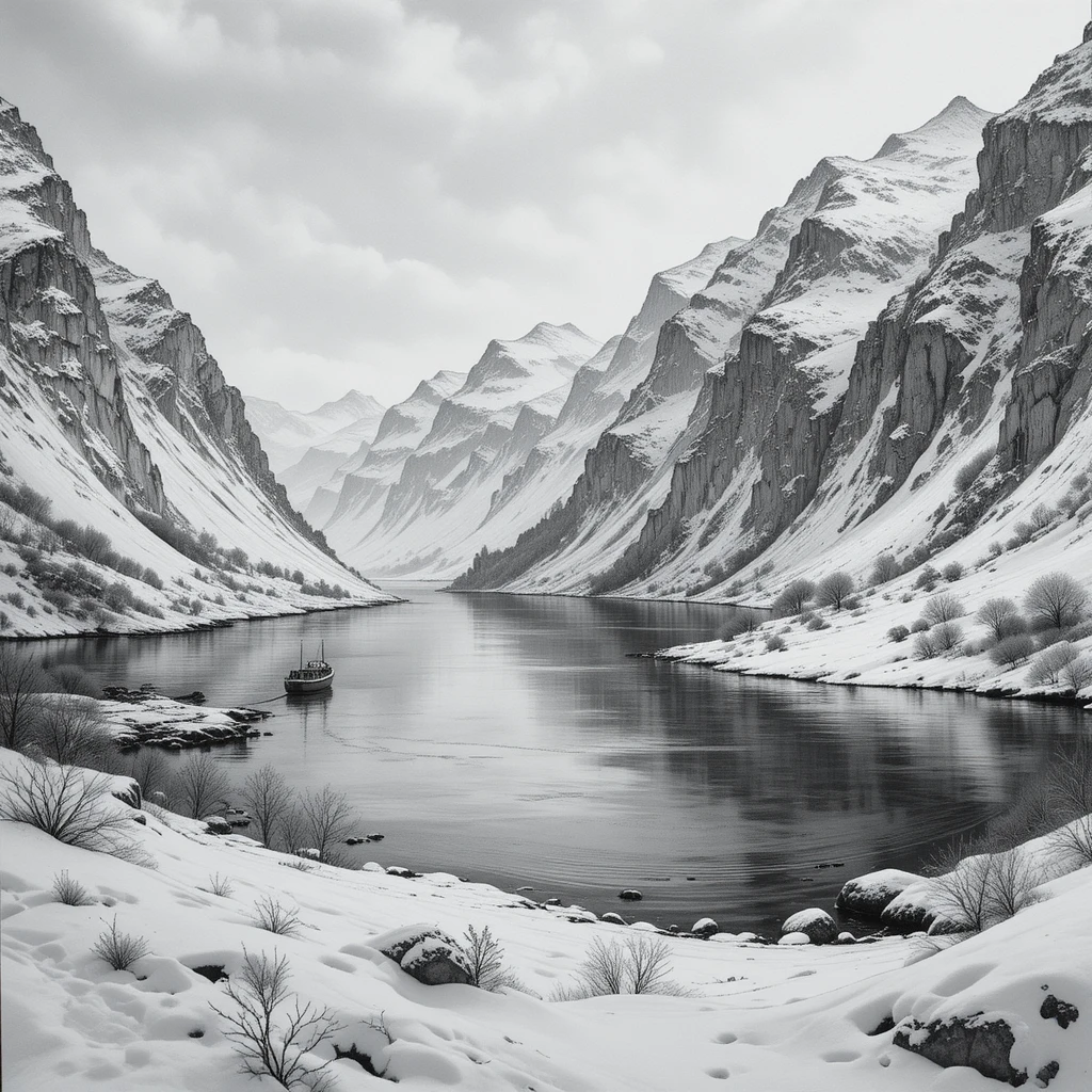 Graphite drawing of a snowy fjord with small boat