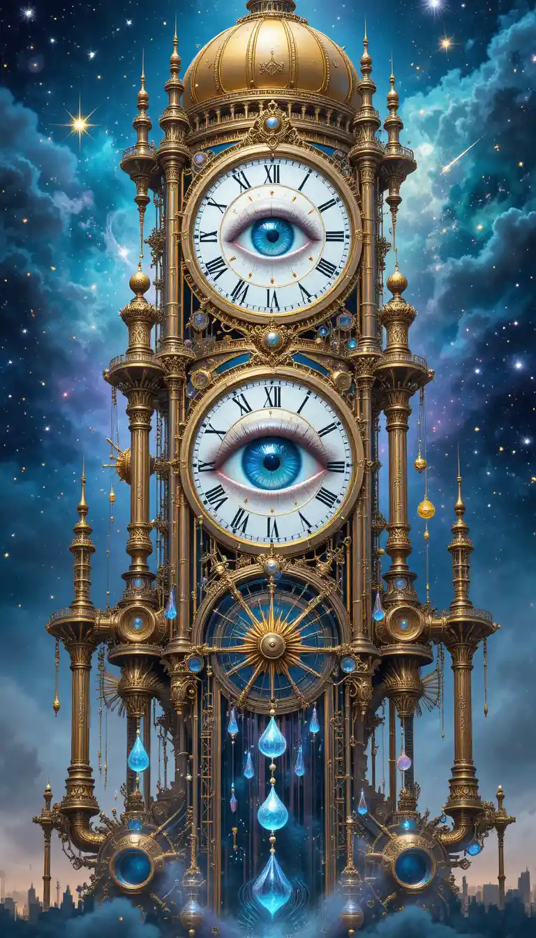 Surrealer Steampunk-Uhrturm mit kosmischen Augen und Sternen