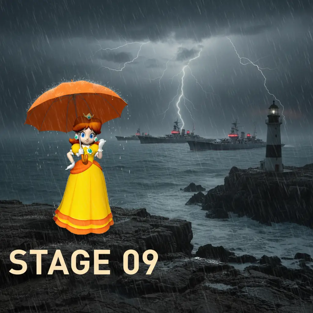 Princesse avec ombrelle orange sur un cap maritime en pleine tempête