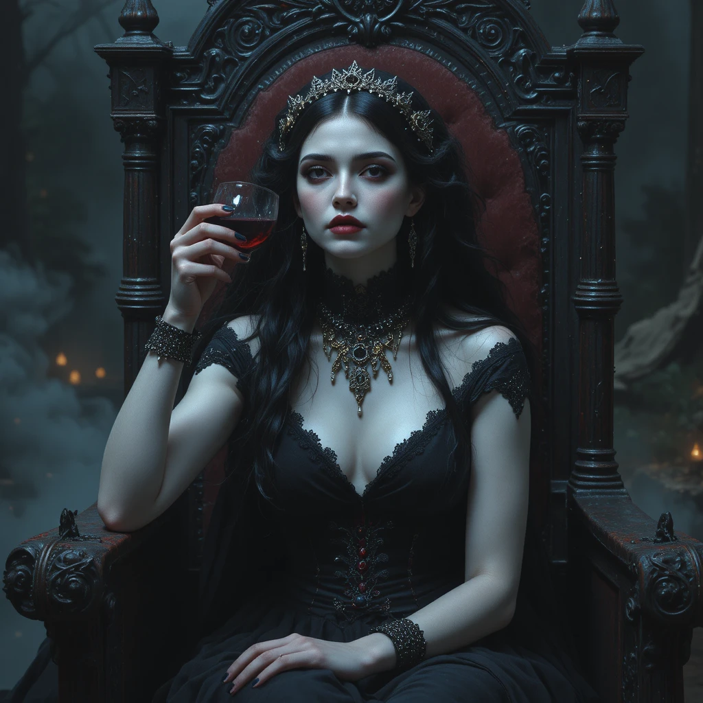 Vampirfrau auf einem gotischen Thron, die ein Glas Blut trinkt