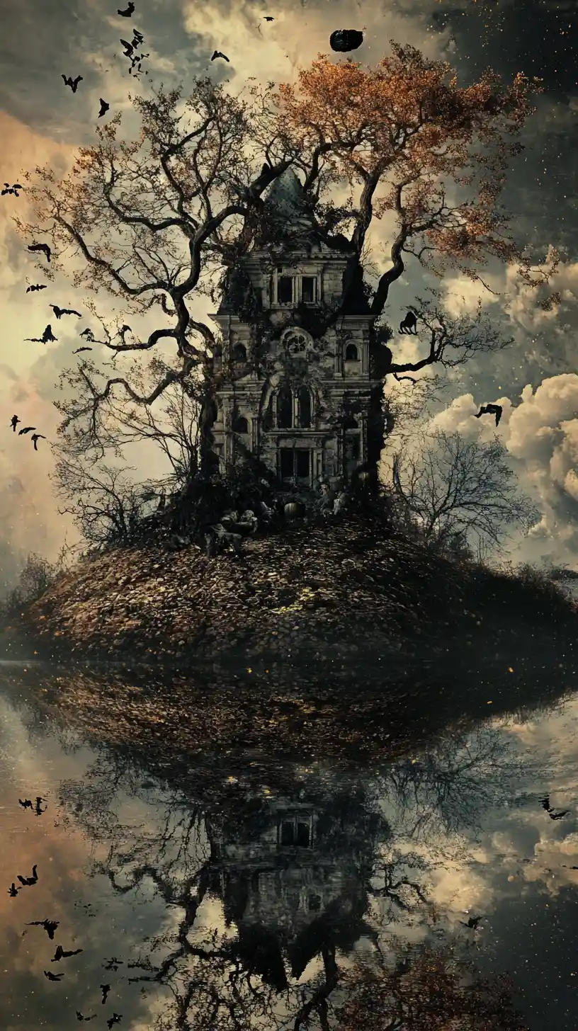 Surreal Halloween illusion with multiple overlapping scenes
