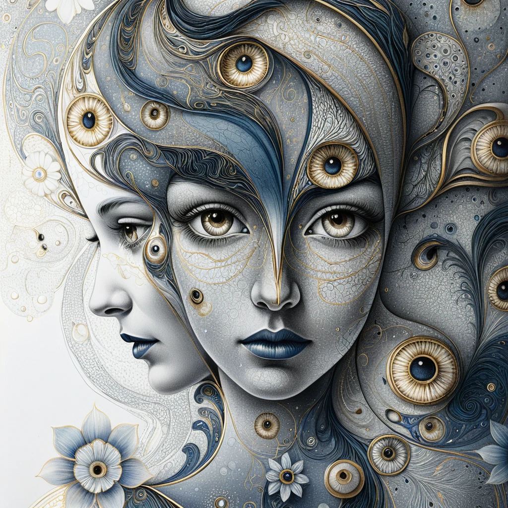 Surreal female faces merged with cosmic abstract forms
