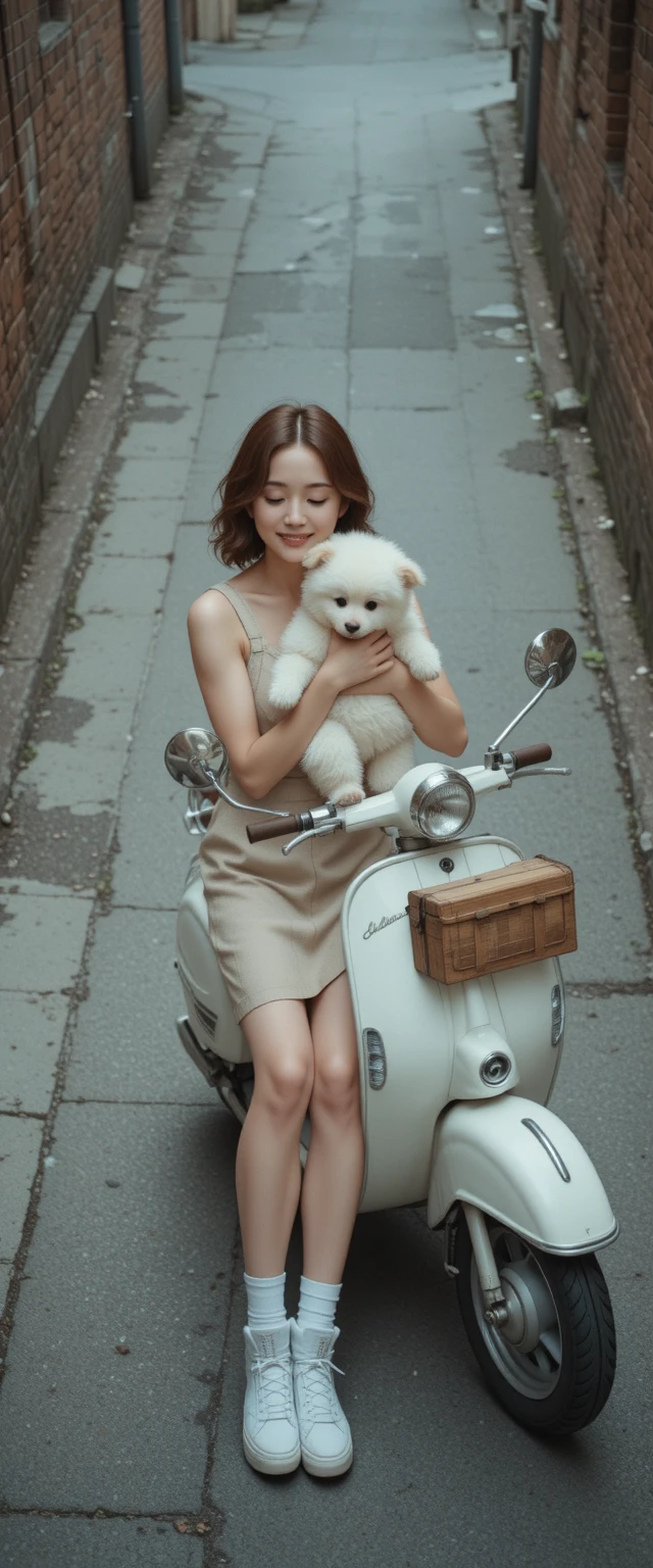 巷弄中騎機車擁抱狗狗的年輕女子