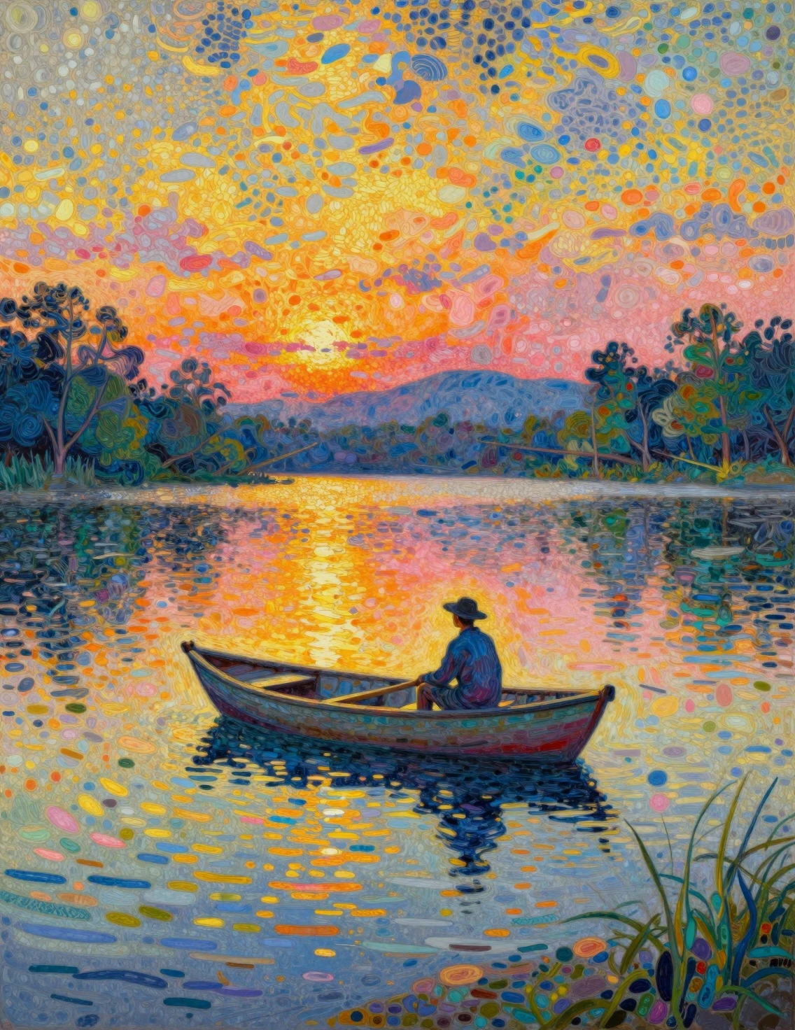 Lone fisherman on a colorful pointillist lake at dusk