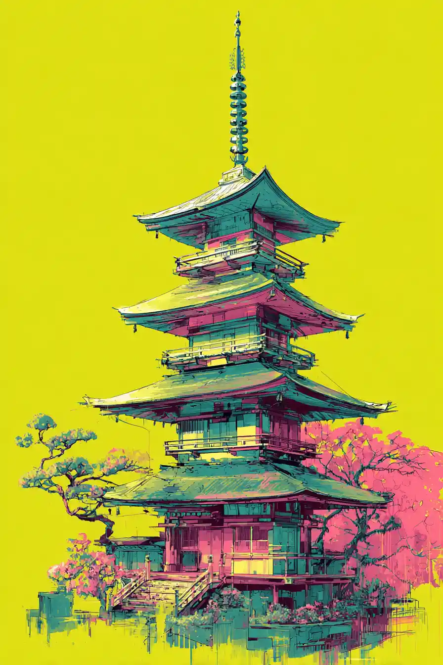 Futuristic Abstract Zen Pagoda In Glowing Pastel Colors