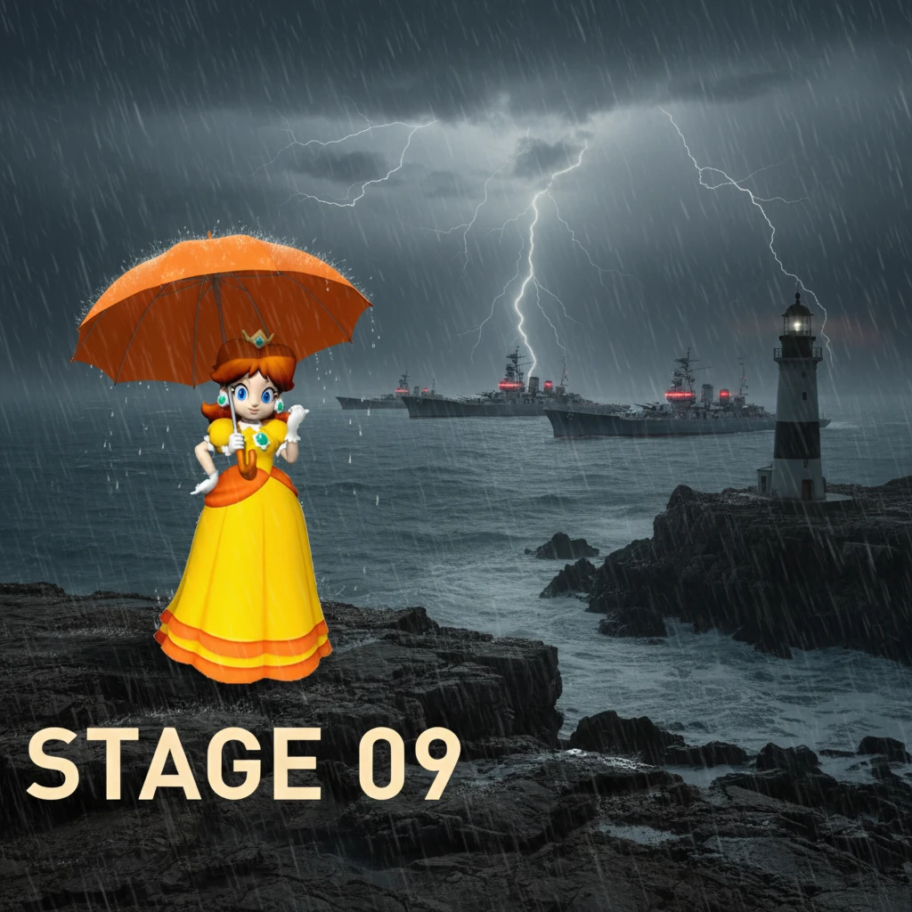 Princess with orange parasol on a stormy seaside headland