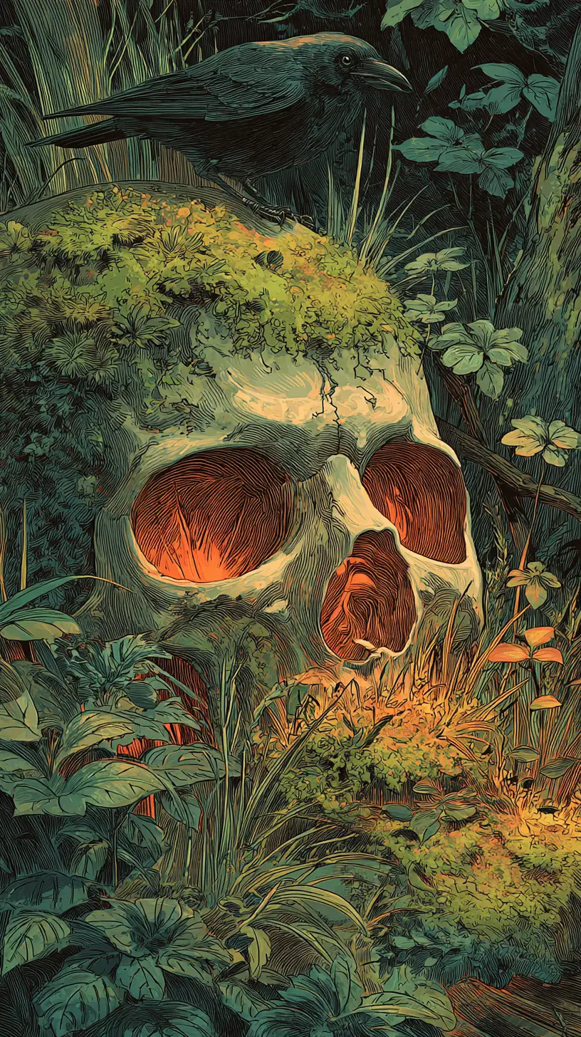 Gothic skull with fiery eyes in a dark mossy forest