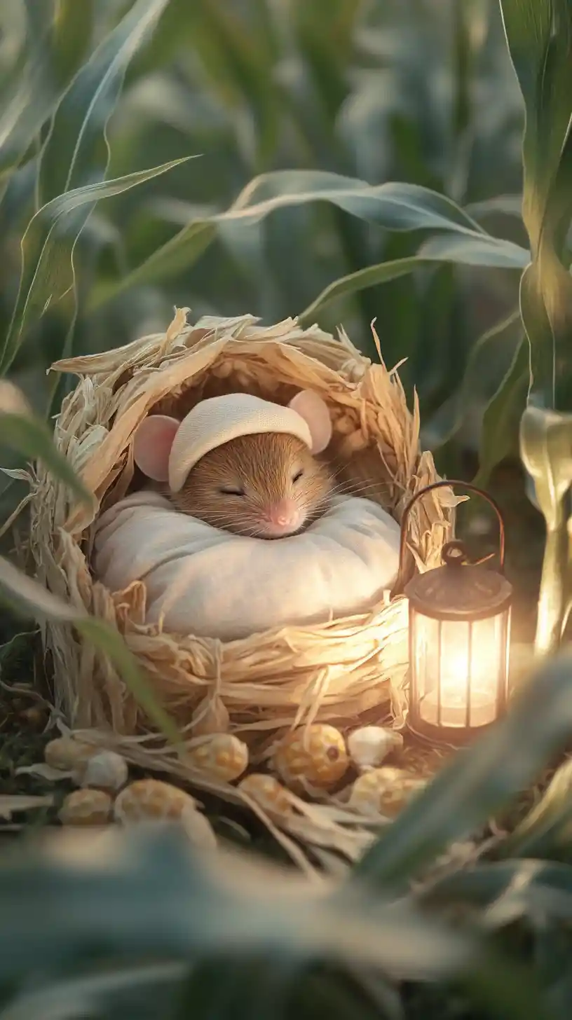Tiny mouse sleeping in a cozy corn husk bed