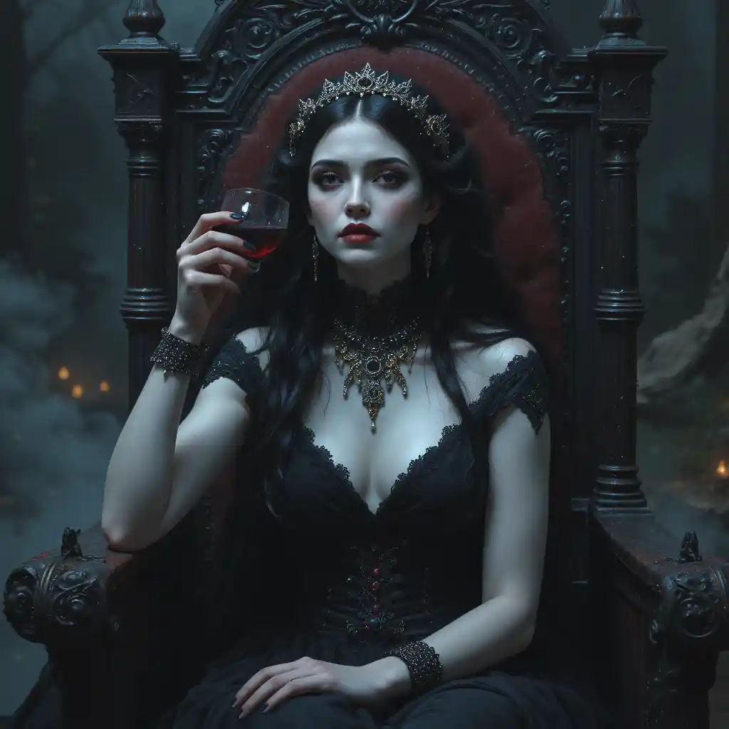 Vampirfrau auf einem gotischen Thron, die ein Glas Blut trinkt