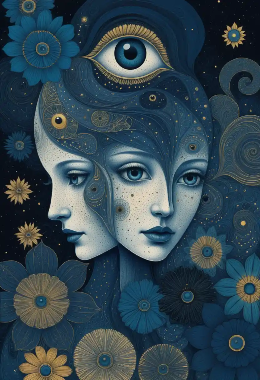 Volti femminili fusi in una composizione cosmica surreale e onirica