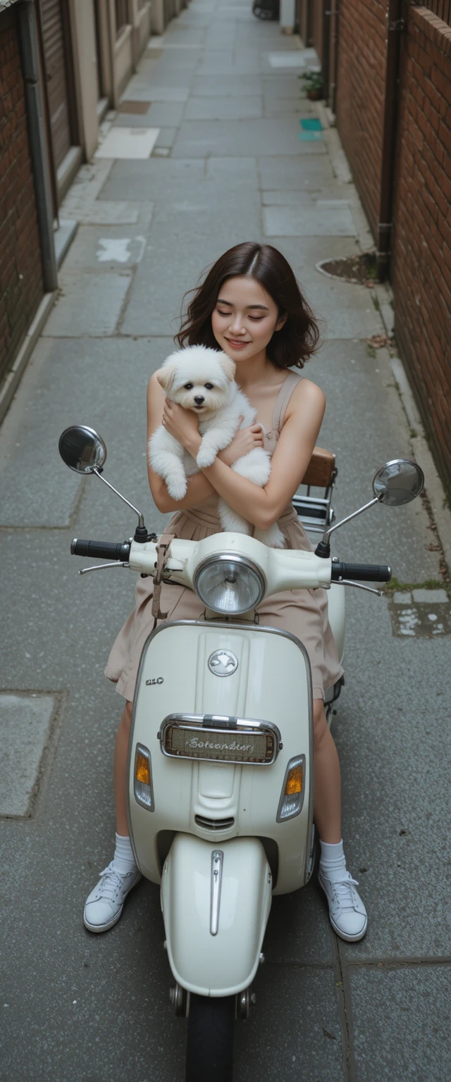 Young woman on scooter cuddling dog in narrow alley