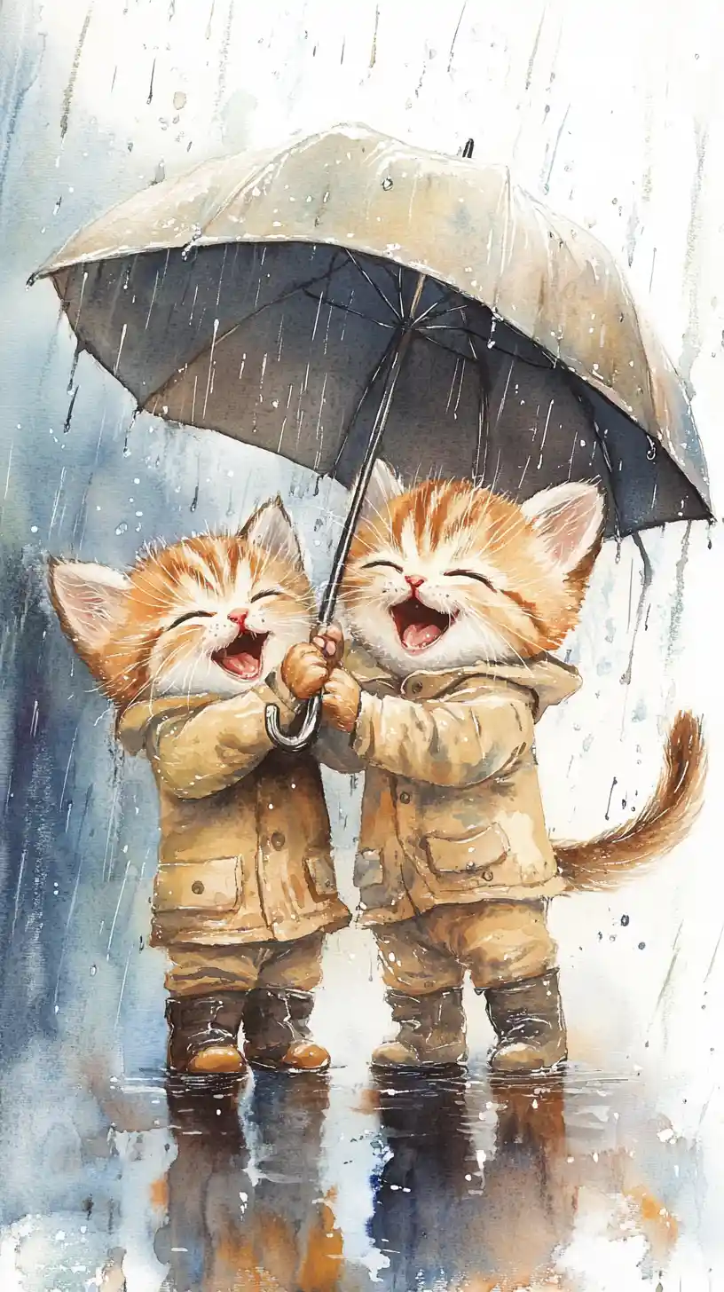 Gatitos atigrados en acuarela compartiendo un paraguas bajo la lluvia
