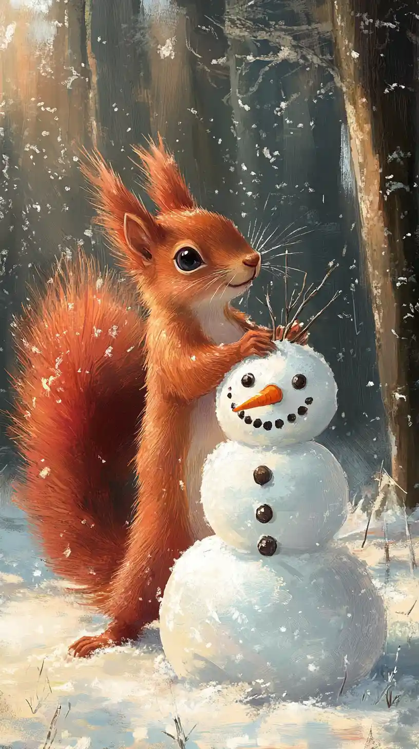 Esquilo vermelho curioso com boneco de neve em uma floresta de inverno dos sonhos