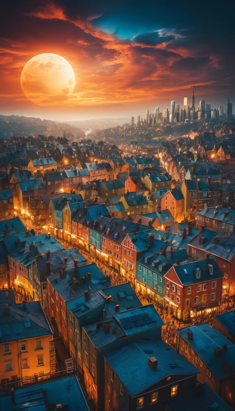 Surreal cityscape at dusk under an ethereal solar eclipse