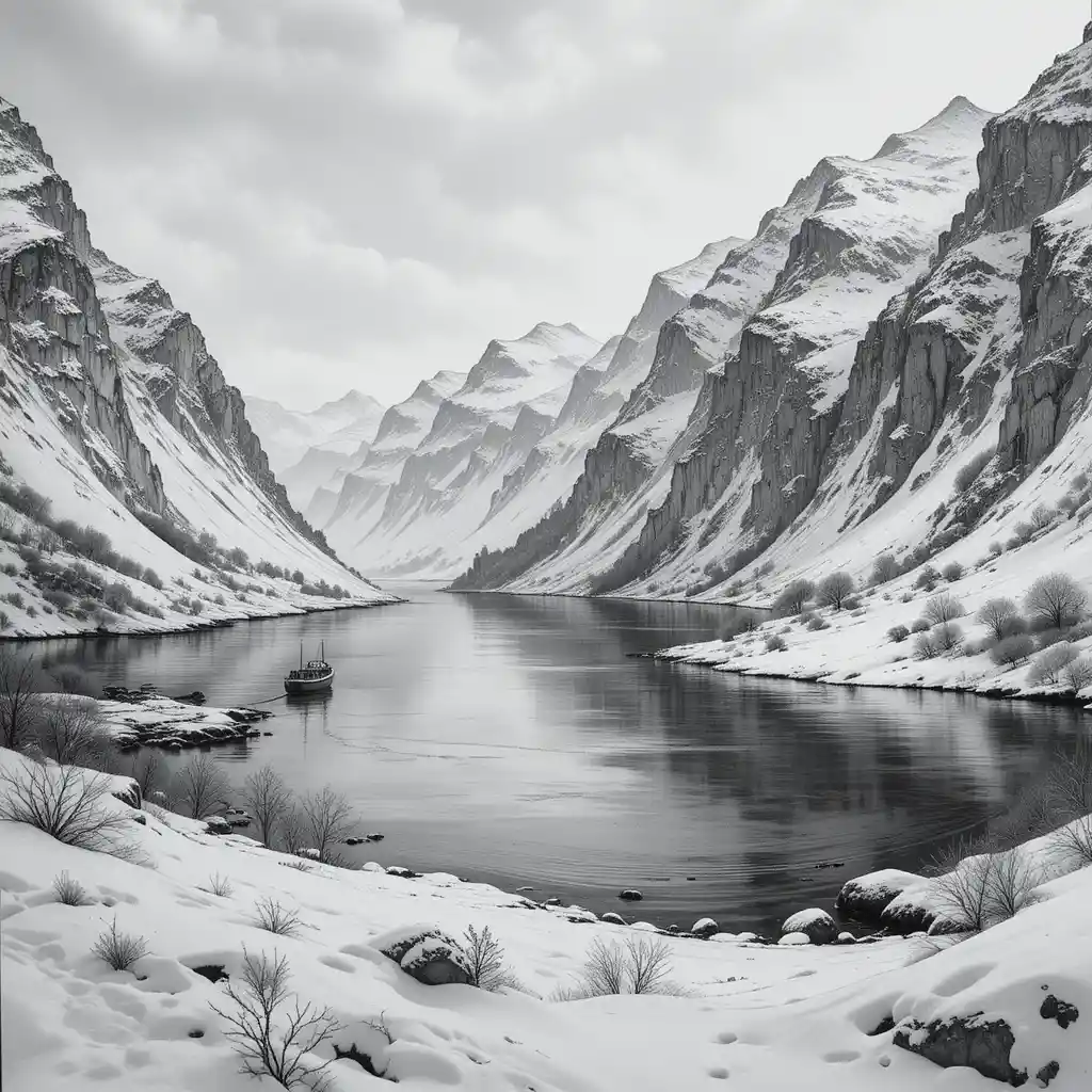 Graphite drawing of a snowy fjord with small boat