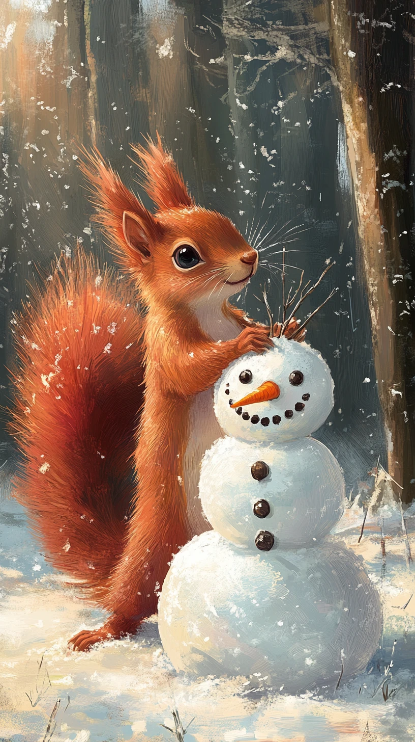 Curious red squirrel with snowman in a dreamy winter forest