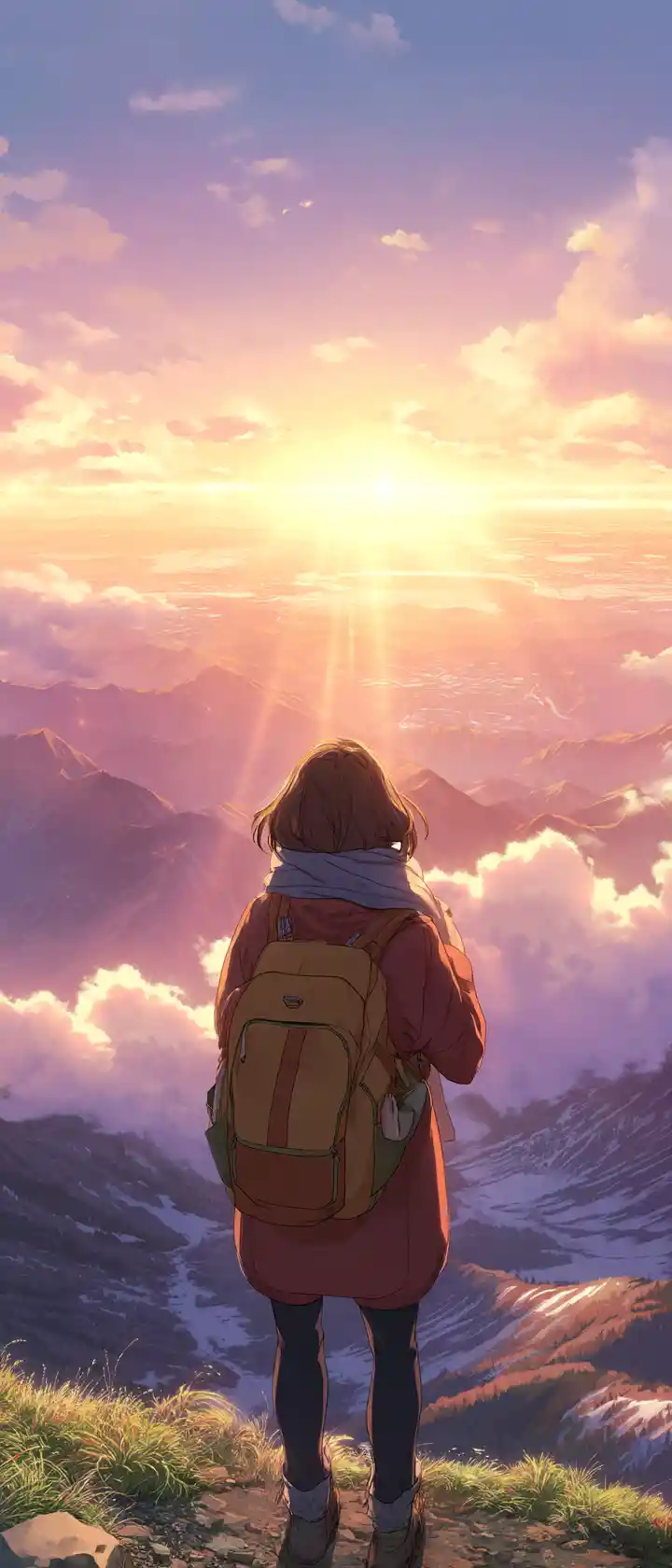 Lone hiker resting at sunrise on a mountain overlook