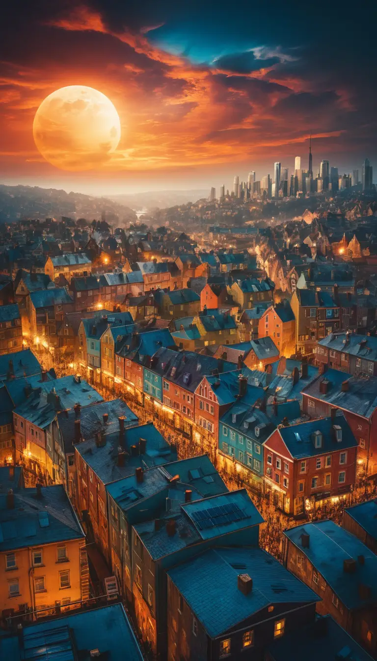 Surreal cityscape at dusk under an ethereal solar eclipse