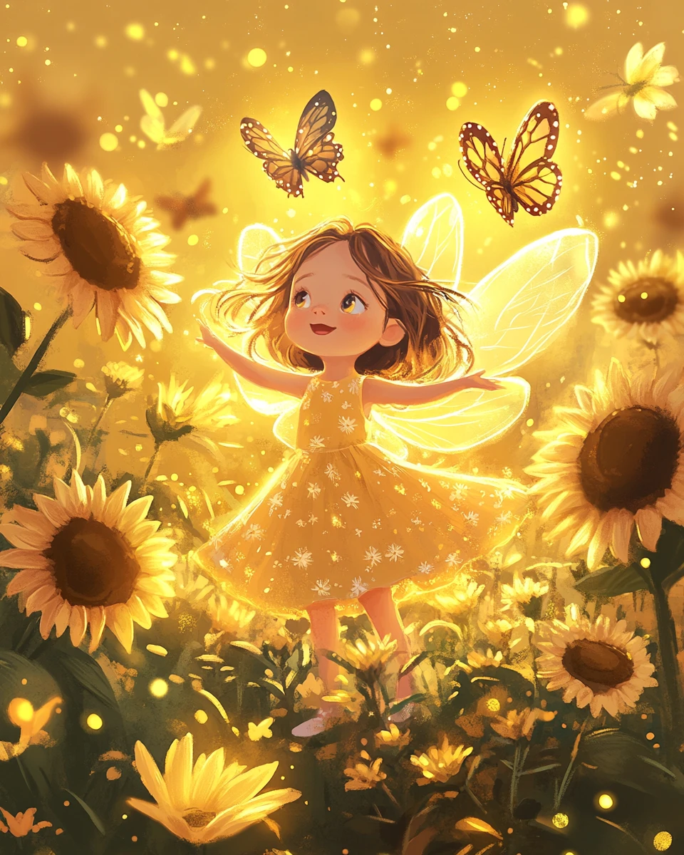 Summer fairy child reaching for glowing butterflies