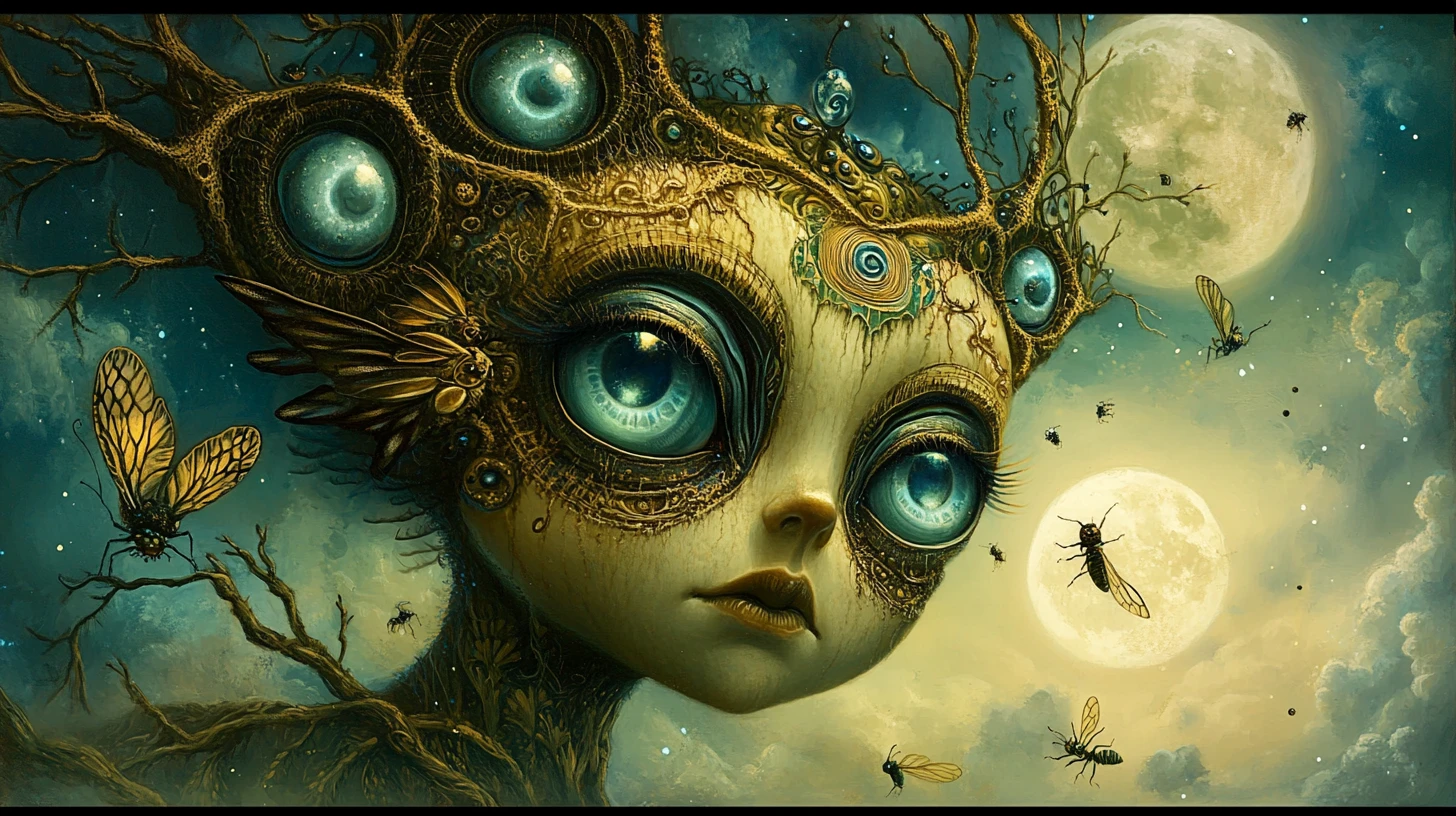 Elfo cósmico surreal en un paisaje de fantasía brumoso a la luz de la luna