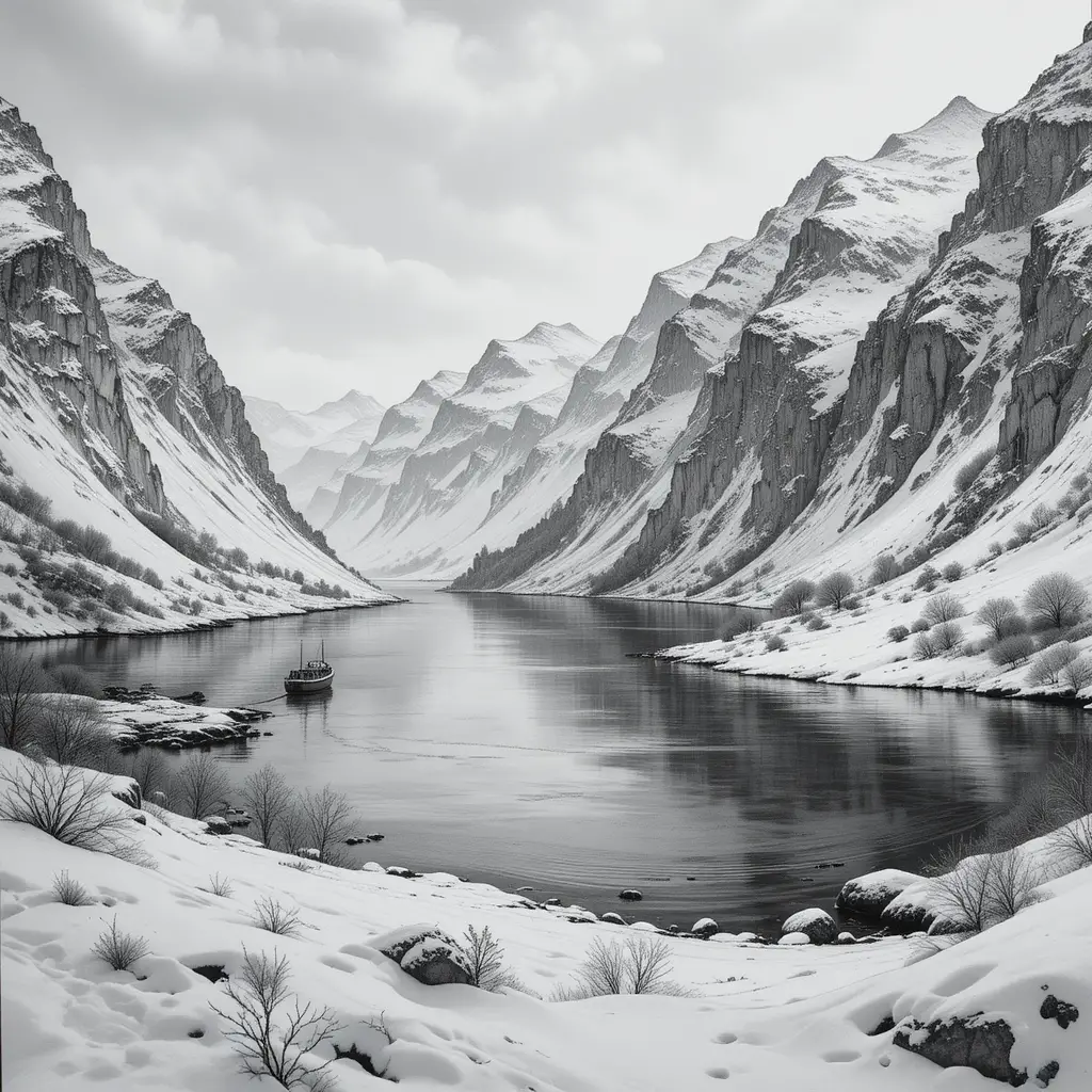 Graphite drawing of a snowy fjord with small boat
