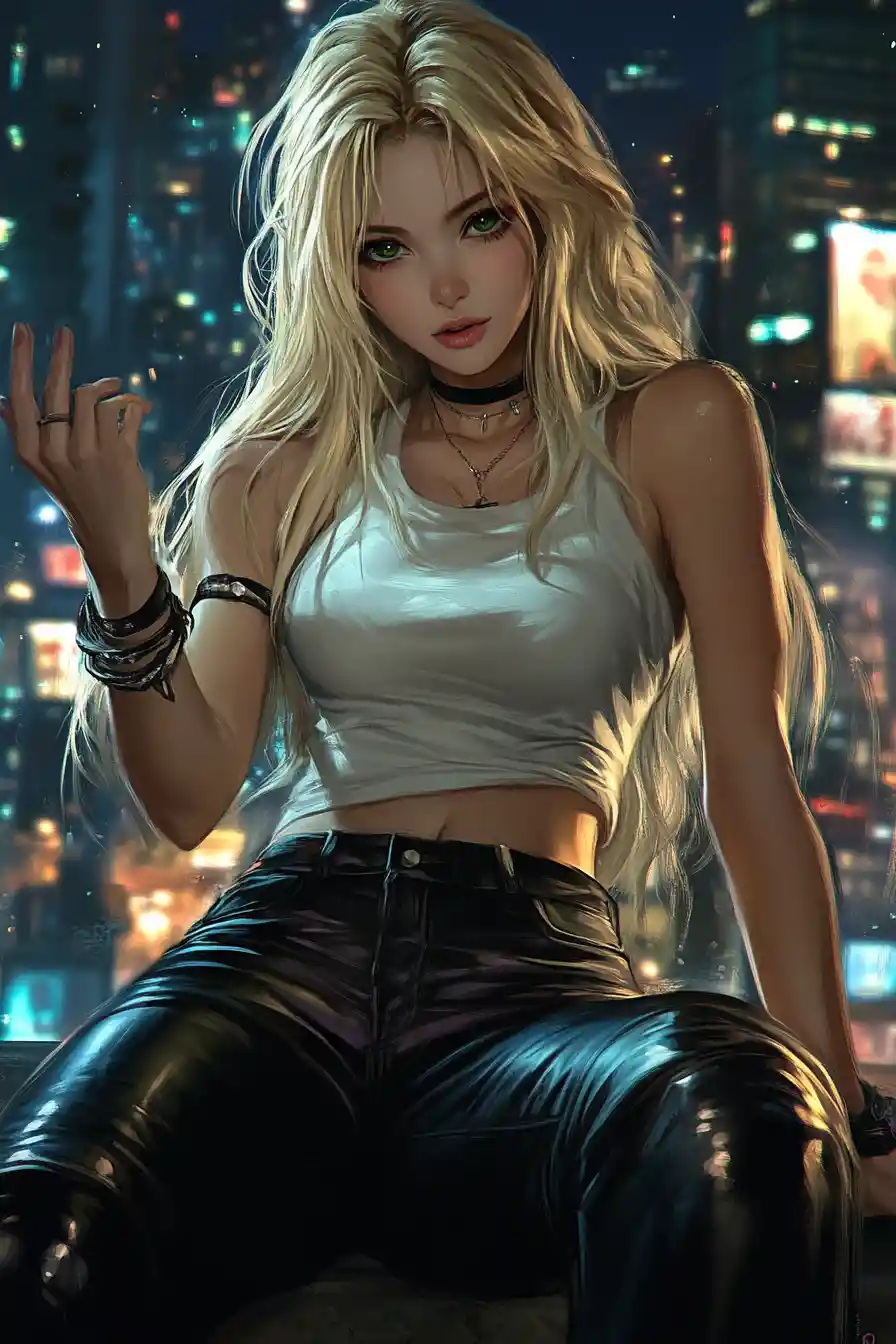 夜晚街頭上伸出手的金髮白背心女孩