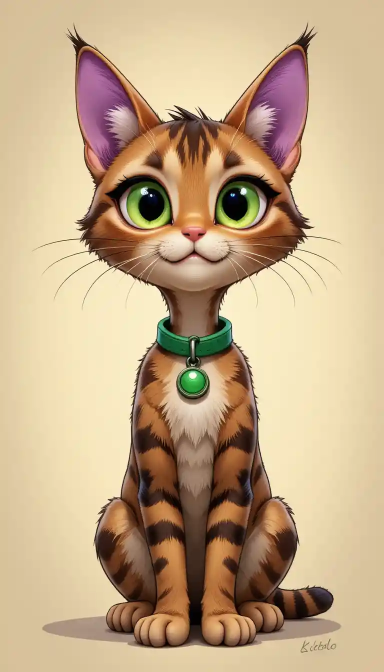 초록 눈과 목걸이를 한 만화 고양이 (베이지 배경)