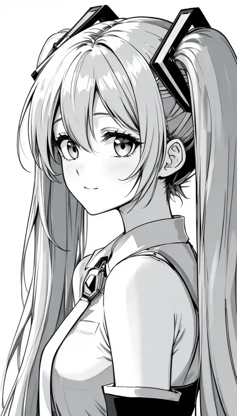 Smiling anime girl in monochrome side profile line art