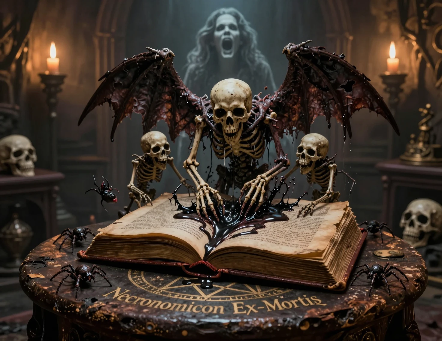 Libro de magia maldito sobre altar de pentagrama en sala iluminada por antorchas