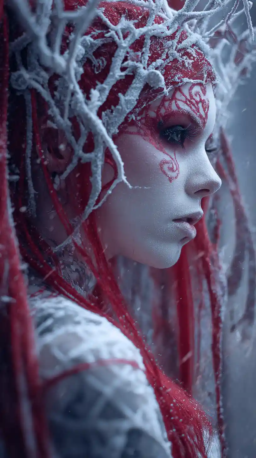 Hechicera oscura en un bosque congelado con magia roja