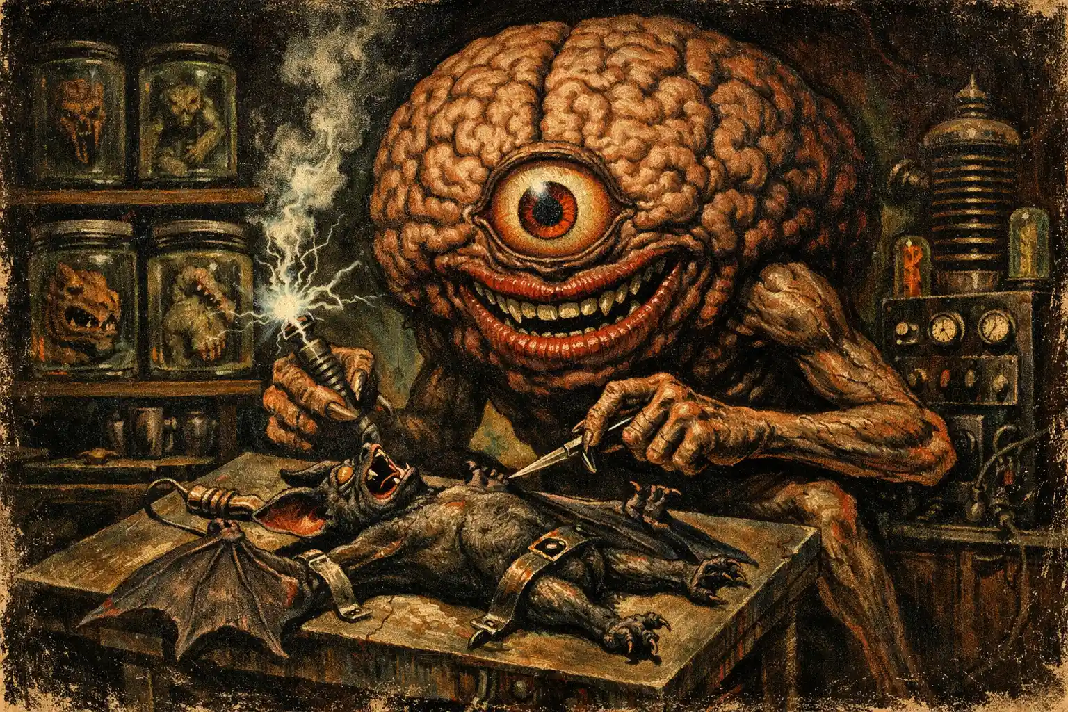 Gigantic One Eyed Brain Monster In A Gothic Horror Laboratory