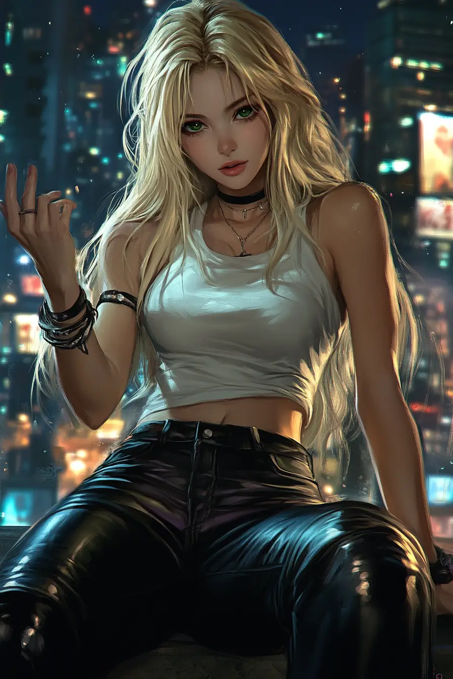 Blonde girl in white top reaching out on a night street