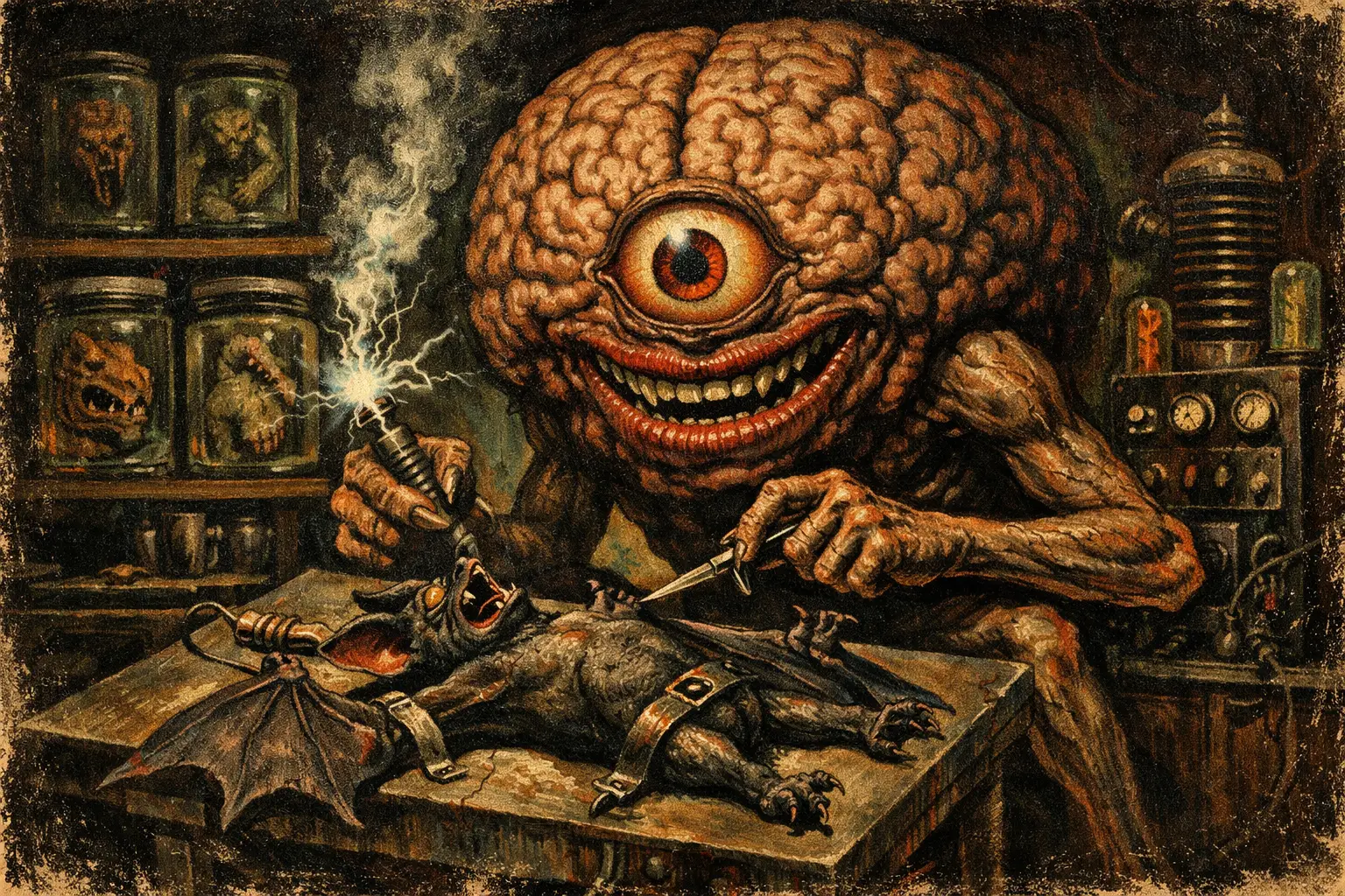 Monstruo cerebral gigante de un solo ojo en un laboratorio de horror gótico