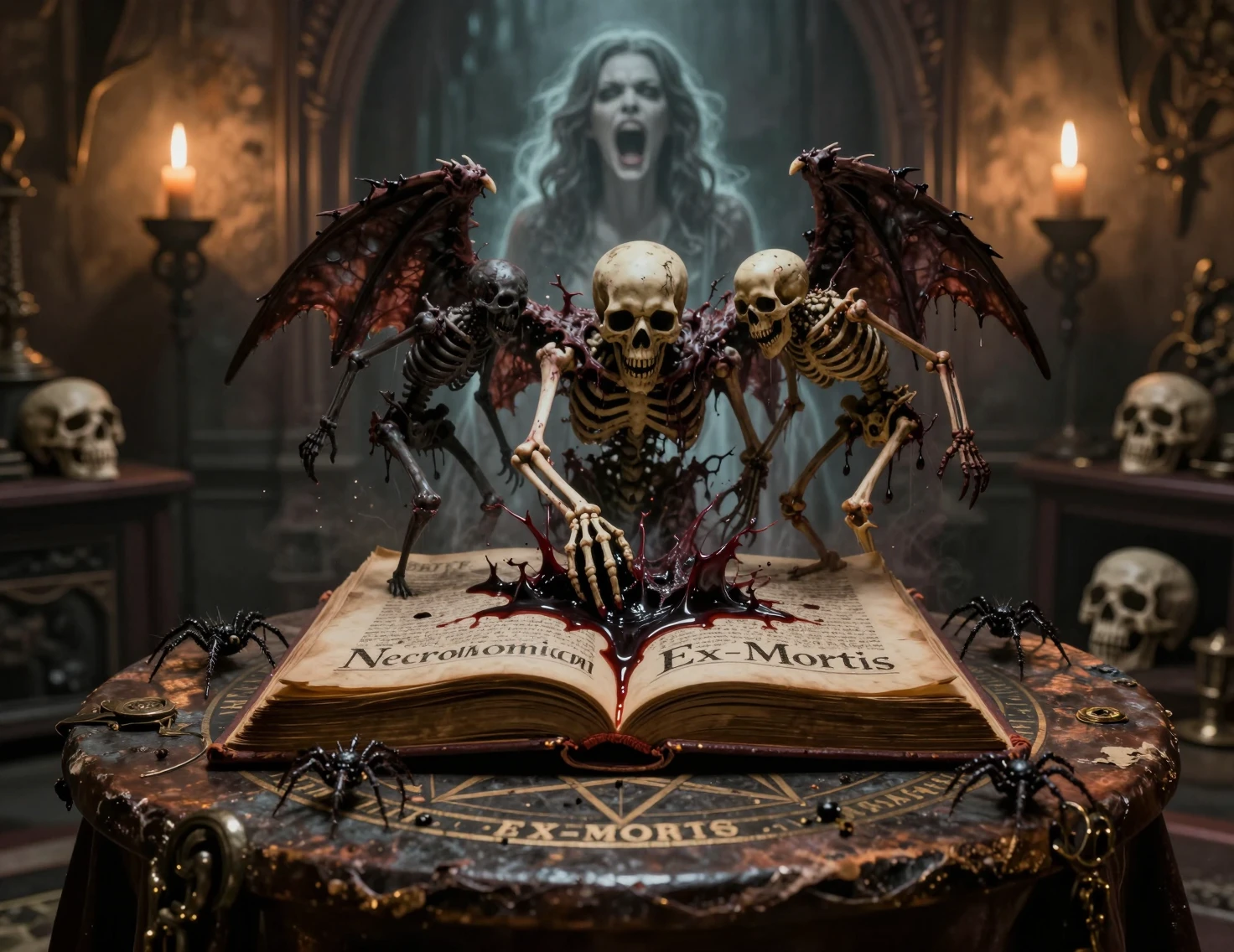 Cursed book on pentagram table in a dark torchlit room