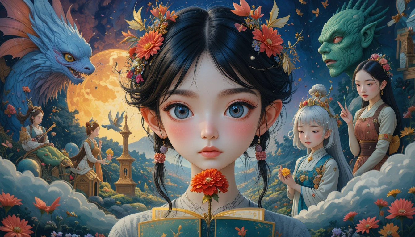 Young girl wandering through a whimsical fantasy realm